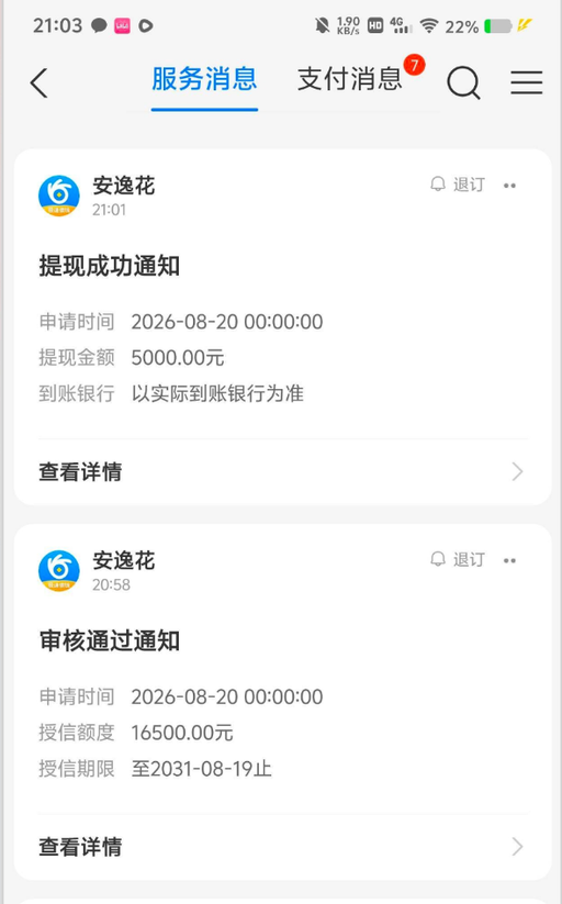 服务消息页截图：标签行是服务消息与支付消息，两条通知上下排列，第一条抬头安逸花、时间21:01，标题提现成功通知，三行是申请时间2026-08-20 00:00:00、提现金额5000.00元、到账银行以实际到账行为为准，下面一行查看详情；第二条抬头安逸花、时间20:58，标题审核通过通知，三行是申请时间2026-08-20 00:00:00、授信额度16500.00元、授信期限至2031-08-19止