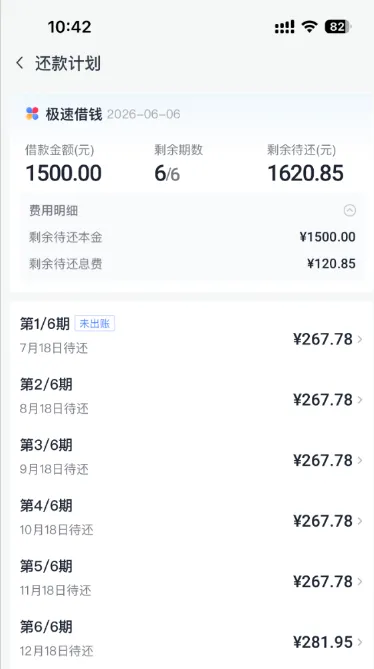 分期乐还款计划页截图：顶部是极速借钱与日期2026-06-06，三栏数字写借款金额(元)1500.00、剩余期数6/6、剩余待还(元)1620.85，费用明细展开后写剩余待还本金¥1500.00与剩余待还息费¥120.85，下面六行依次是第1/6期未出账 7月18日待还¥267.78，第2至第5期各¥267.78，第6/6期 12月18日¥281.95