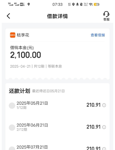 网友实测记录：京东借钱内桔享花的借款详情，本金 2,100.00 元，共 12 期等额本息