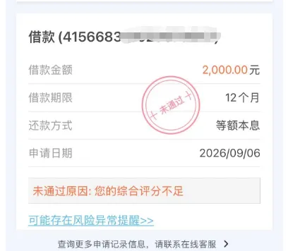 小赢卡贷申请记录截图：卡片抬头是借款加打码编号，三行写金额2,000.00元、期限12个月、还款方式等额本息，申请日期2026-09-06，右上角盖着未通过三个字，下面另起一段写未通过原因您的综合评分不足，紧接一行是可能存在风险异常提醒并带一个跳转箭头