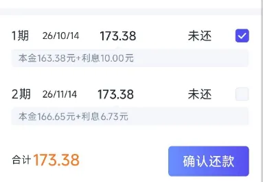 小赢卡贷还款勾选页截图：表头四列是期数、应还日期、应还金额、状态，第一行1期 26/10/14 173.38 未还，右侧方框已打勾，下面小字写本金163.38元+利息10.00元，第二行2期 26/11/14 173.38 未还，右侧方框空着，小字写本金166.65元+利息6.73元，底部一行合计173.38，右下角是确认还款按钮