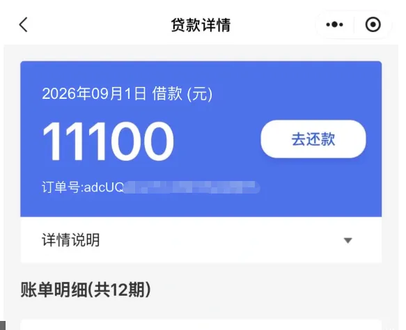 易花花贷款详情页截图：顶部标题贷款详情，蓝色卡片写 2026年09月1日 借款（元）11100，右侧去还款按钮，卡片里订单号一栏后段已打码，往下详情说明带展开箭头，最下面一行标题是账单明细（共12期）
