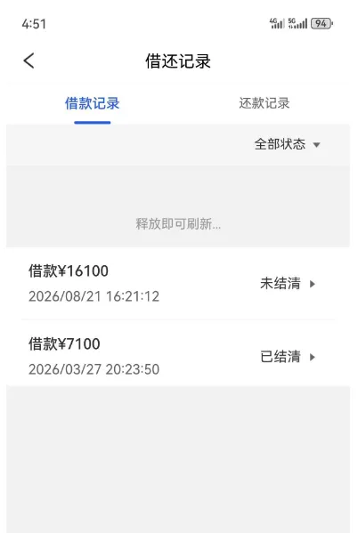 易花花借还记录页截图：标题借还记录，借款记录标签选中，右侧全部状态筛选，中间一行提示释放即可刷新，列表两条：第一条借款¥16100、2026/08/21 16:21:12，右侧未结清；第二条借款¥7100、2026/03/27 20:23:50，右侧已结清