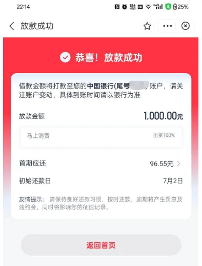 优逸花放款成功页截图：卡片写放款成功，收款银行是中国银行，放款金额 1000.00 元，一行灰条写马上消费出资 100%，下面两行是首期应还和初始还款日