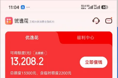 优逸花首页红色额度卡截图：顶部一行是产品名与正规持牌消费金融金融机构字样，卡里写可用额度（元）13208.2，旁边是去提额和立即借钱，卡底一行写总额度 13300 元，含临时额度 2200 元