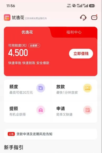 优逸花首页截图：顶部一行是产品名与正规持牌消费金融金融机构字样，红色卡片里写可用额度（元）4500，旁边是去提额和立即借钱两个入口，卡片下沿一行是快捷审批、快速到账、安全借款，卡片下方四格分别是额度·最高可借20万元、放款·最快1分钟放款、提额·有机会获得、申请·简单又快捷，再往下公告位写贷款申请及逾期风险告知，最底部是新手指引标题